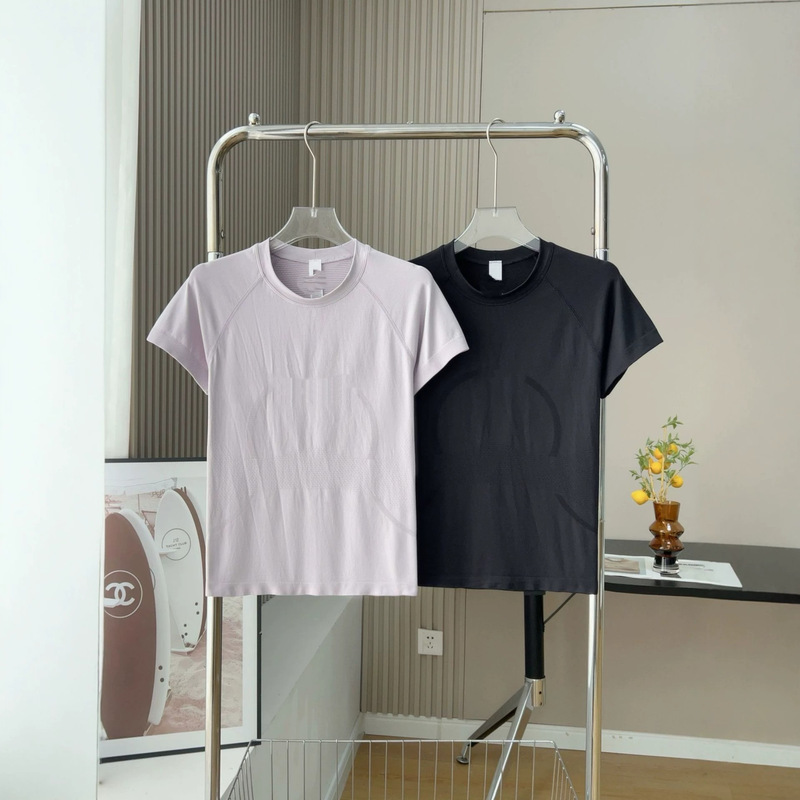 Summer 2026 Lu Lu Brand Same Style Women's Sports Short-Sleeve Shirt with Visible Stitching, Moisture-Wicking, Casual, Fashionable, Versatile, Slim Fit for Women