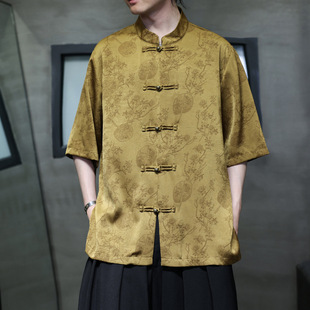 Ice Silk Shirt Men's Short-sleeved Summer New Chinese Men's Chinese Style Men's Tang Suit Hanfu Vintage Shirt Thin 2024