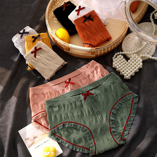 Japanese seamless fairy briefs fat mm puff panties pleated mid-waist lace girl briefs head