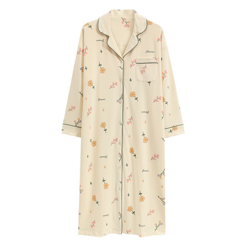 Camisón de las mujeres con almohadilla en el pecho de primavera y otoño de algodón de manga larga cardigan vestido de pijama de las mujeres otoño ropa de abrigo homewear
