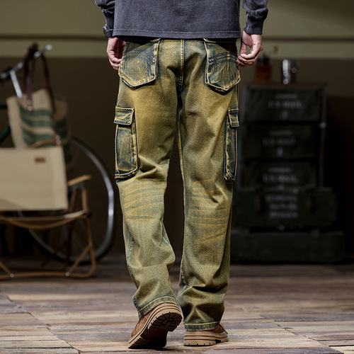 [Male 138] Exclusive Yellow Clay Color Multi-Pocket Workwear Jeans for Men Loose Straight Leg Durable Elastic