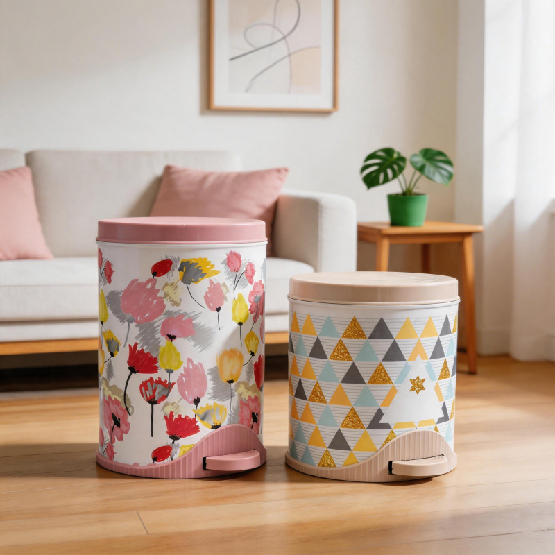 High-Appearance Value Foot-Operated Trash Can for Home Kitchen and Living Room, with Lid, Creative Floral Geometric Pattern, Large Capacity High-Appearance Value Foot-Operated Trash Can for Home Kitchen and Living Room, with Lid, Creative Floral Geometric Pattern, Large Capacity