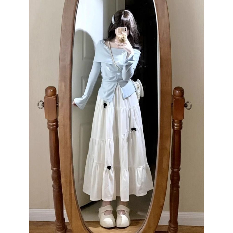 Early autumn French style blue long-sleeved dress for women, 2026 new style, petite long dress set