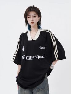 In stock hiphop national fashion American retro embroidered jersey V-neck short-sleeved T-shirt men's and women's oversize loose top