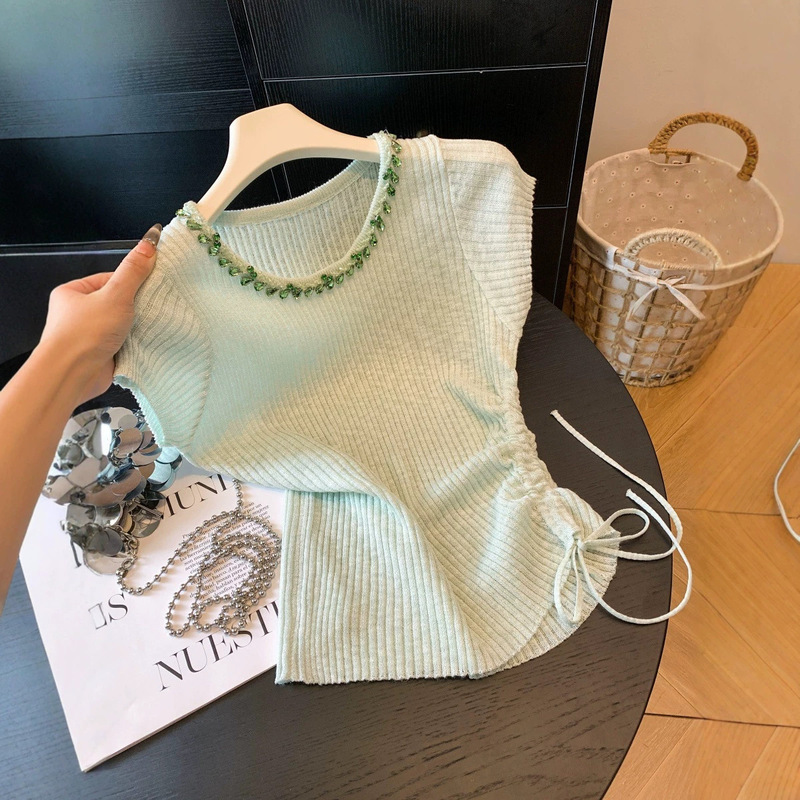Designed with a Sense of Craftsmanship, This Rhinestone-Embellished Drawstring Short-Sleeve Knit Top for Women Is a New Summer Style That Is Beautiful, Gentle, Slim-Fitting, and Unique Designed with a Sense of Craftsmanship, This Rhinestone-Embellished Drawstring Short-Sleeve Knit Top for Women Is a New Summer Style That Is Beautiful, Gentle, Slim-Fitting, and Unique