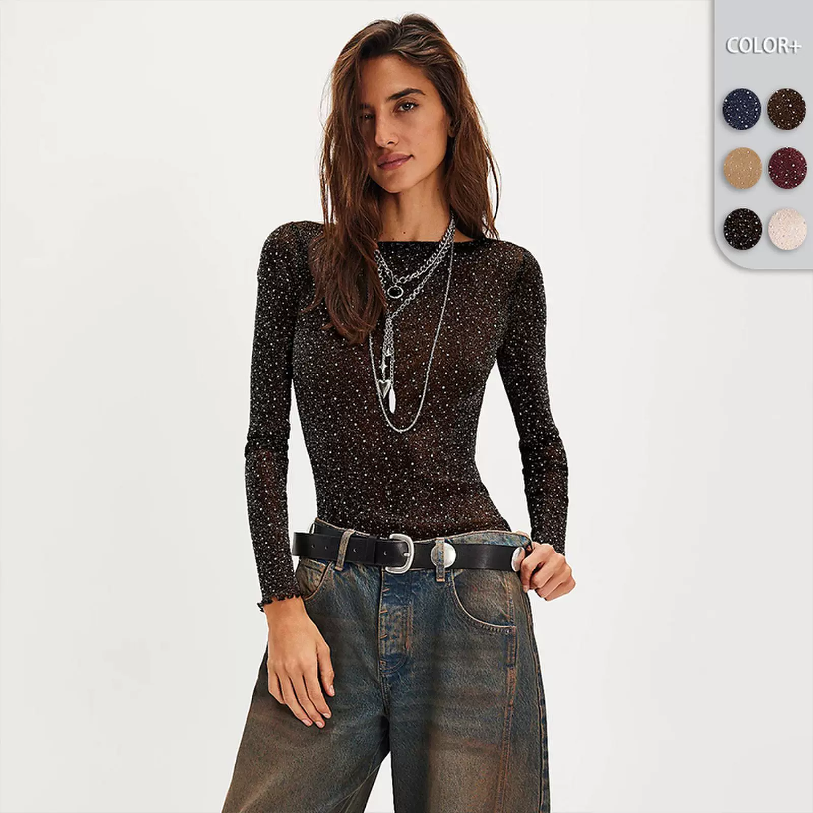 亚马逊爆款性感纯欲春夏款 高级感长袖网纱透明水钻装饰T恤上衣女