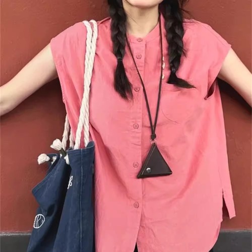 Japanese-style regular shoulder short-sleeve women's summer sleeveless backless top women's design sense niche chiffon top