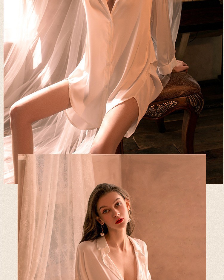 Boyfriend-Style Long-Sleeve Shirt Pajama Gown in Silk-Like Fabric, Purple-Grey, One Size — detail image 6