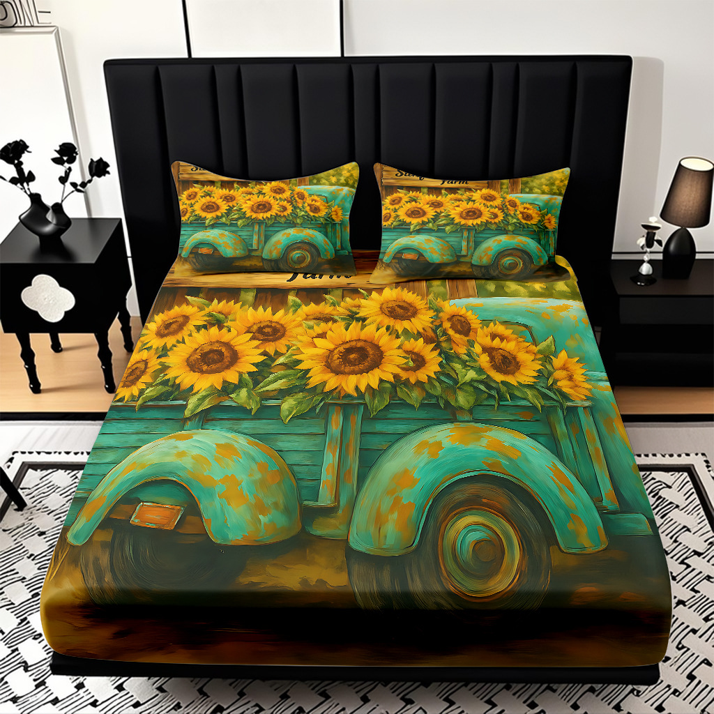 Comercio exterior transfronterizo textil doméstico patrón de girasol impresión digital 3D cama de molienda de tres piezas JIT modelo Temu