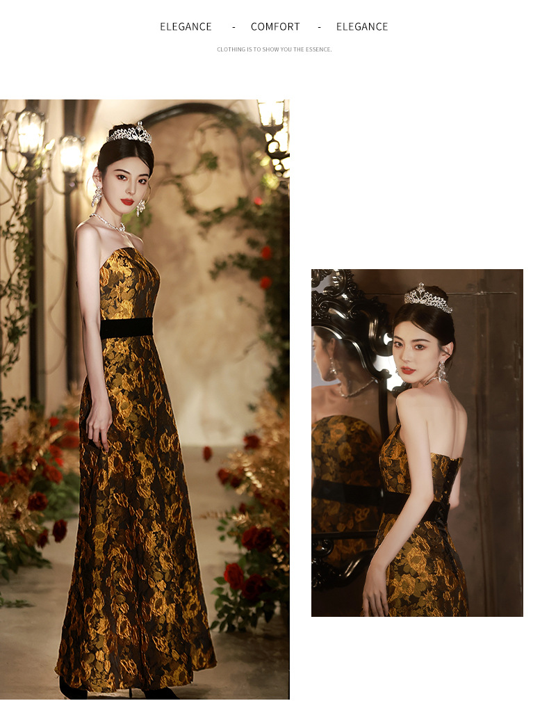 Đầm dạ hội nữ không dây phong cách Pháp, thiết kế ôm body đuôi cá, may đo cao cấp — Màu vàng chi tiết 11