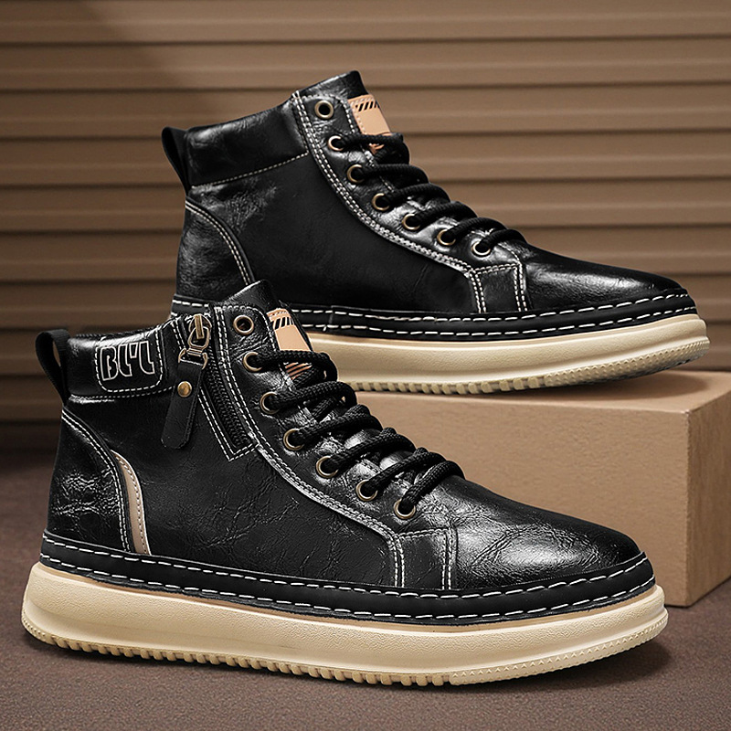 2025 Autumn and Winter New Men's Boots Retro Trendy Shoes Zipper Leather Versatile Boots High-Top Thick-Soled Non-Slip Men's Shoes