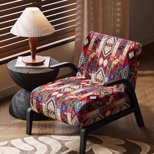 American Retro Solid Wood Single Sofa Chair Living Room Balcony Designer Single Chair Floral Fabric Mid-Century Style Leisure Chair