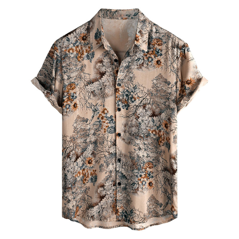 2025 Cross-Border Hawaiian Floral 3D Digital Print Men's Short-Sleeved Shirt Beach Collar Retro Casual Cardigan