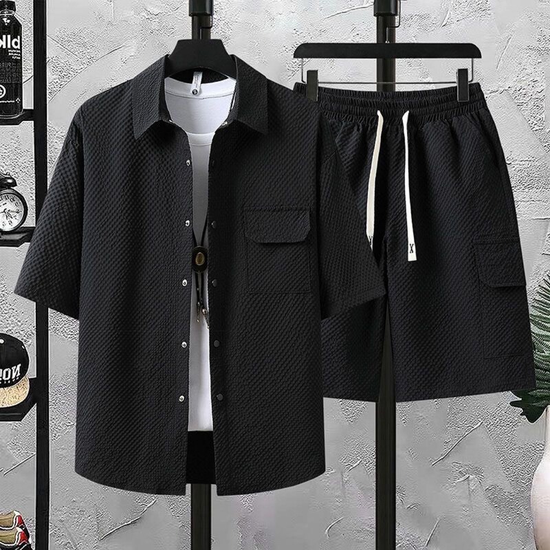 Summer Youth Ice Silk Short-Sleeved Shirt Casual Suit Men's Trendy Drawstring Elastic Shorts Junior High School Two-Piece Set Summer Youth Ice Silk Short-Sleeved Shirt Casual Suit Men's Trendy Drawstring Elastic Shorts Junior High School Two-Piece Set