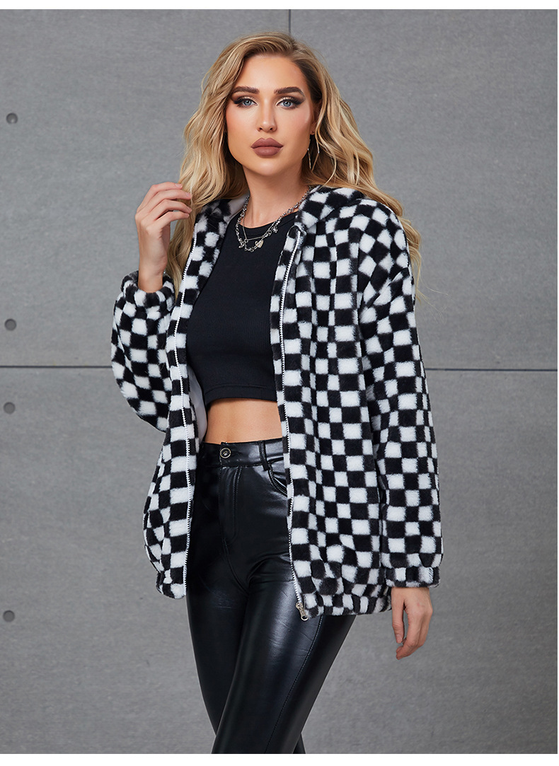 Women's imitation fur outerwear black and white checked short coat_voghion.com