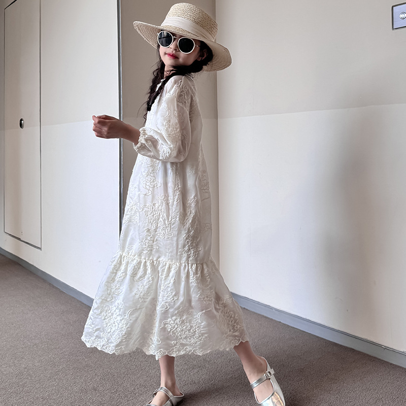 QZ8134 Summer New National Style Children's Wear Embroidered dress Girl's Big Boy Parent-Child White Embroidered Fishtail Skirt