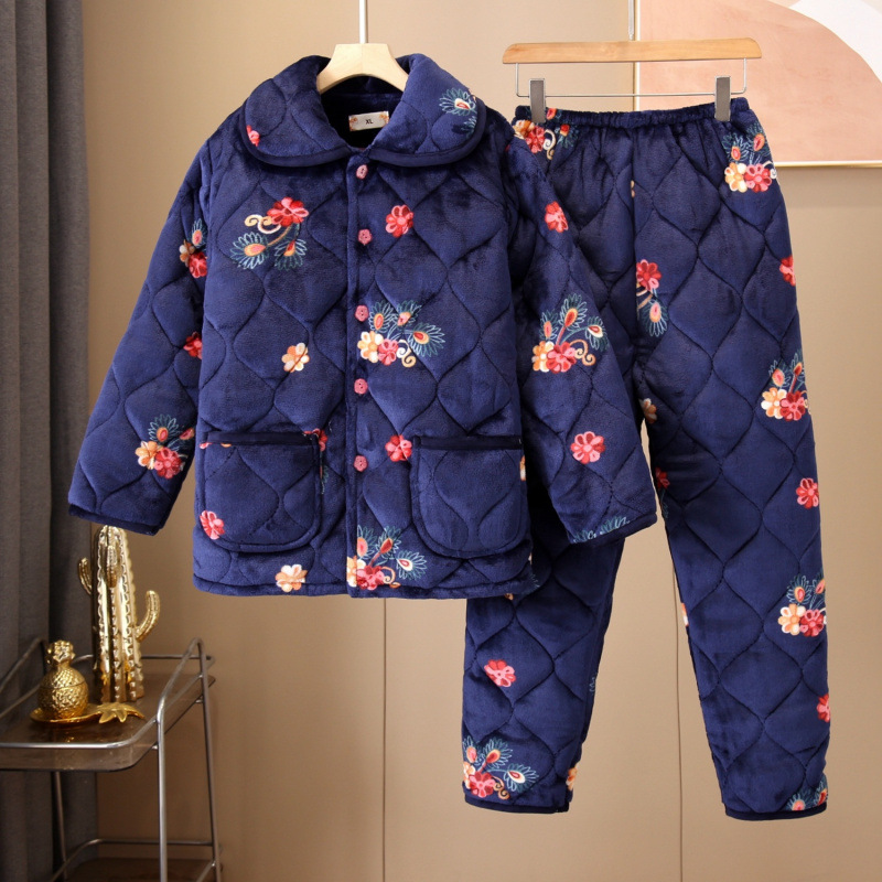겨울 잠옷 3 층 퀼트 기모 두꺼운 산호 양털 세트 플러스 사이즈 엄마 파자마 홈 옷 세트 외복