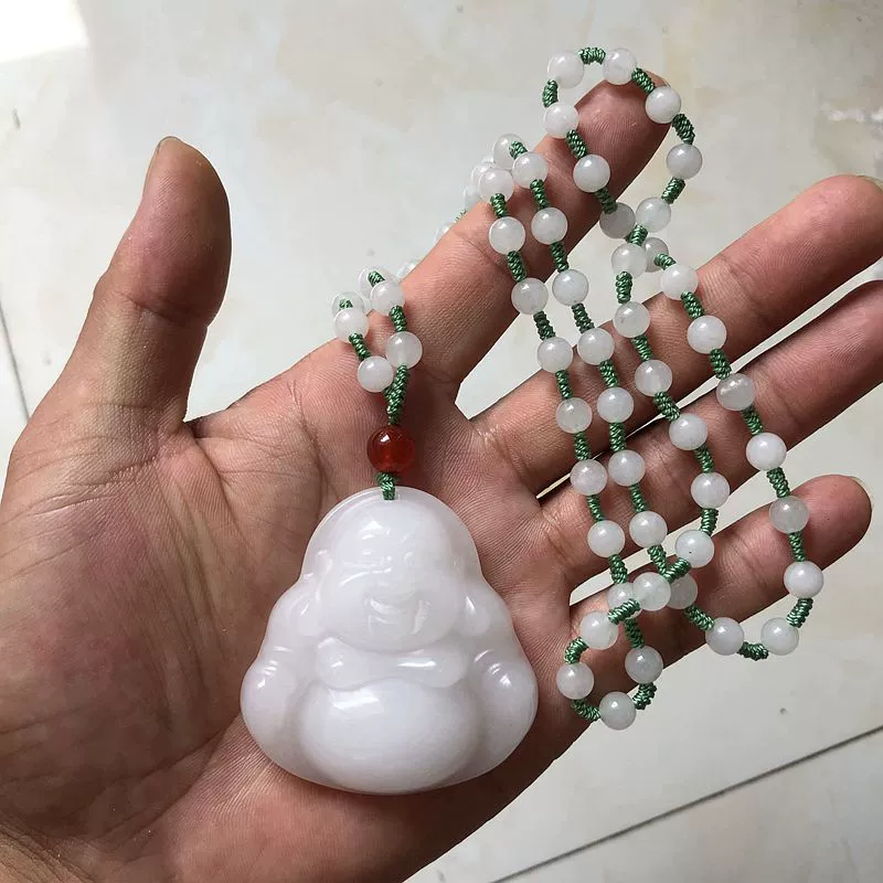 Necklace, pendant white jade, Buddha