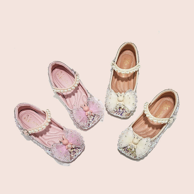 Aesa Crystal Princess Shoes 2025 весна и осень новый бант для девочек детская кожаная обувь удобная мягкая подошва стразы одиночная обувь