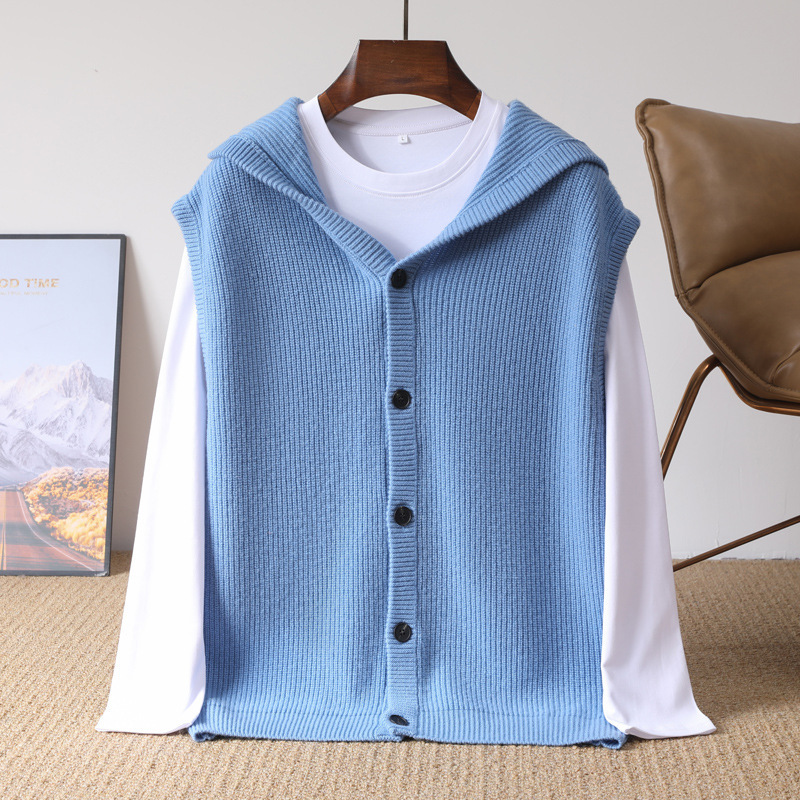 Hooded Cardigan Men's Vest Merino Pure Wool Sleeveless Knitted Jacket New Youth Layered Fashion Top