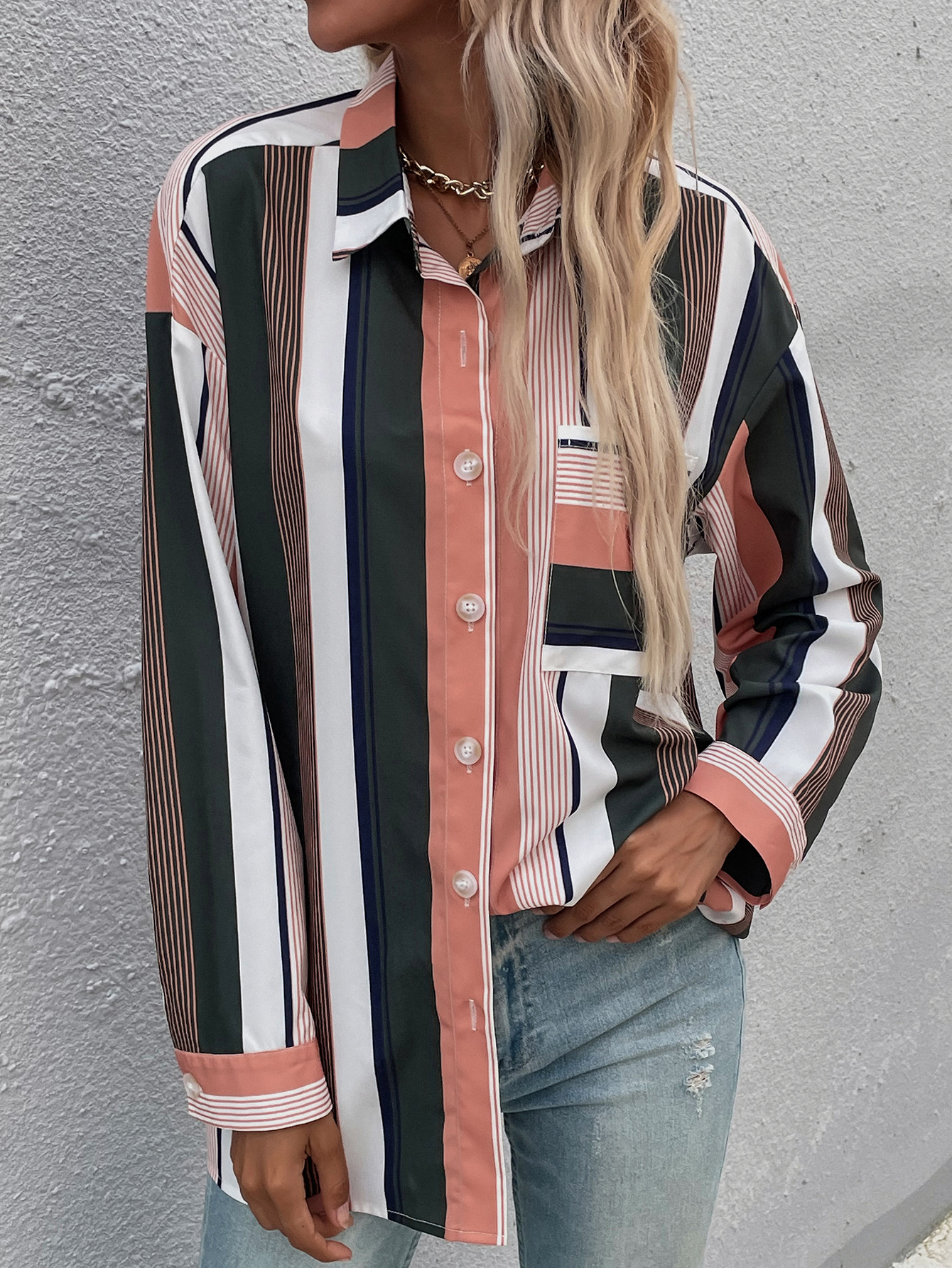 women s loose striped long-sleeved shirt nihaostyles clothing wholesale NSJM73344