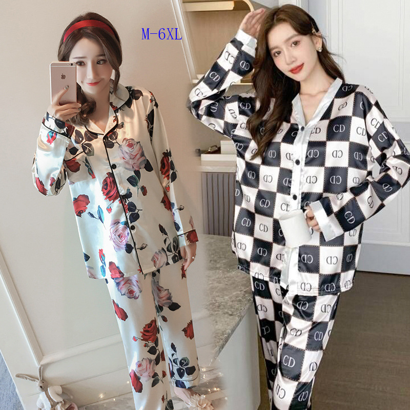 春秋情侣韩版仿真丝绸长袖睡衣玫瑰大码家居服翻领肥码M-6XL外贸