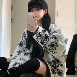 韩国东大门秋冬复古花朵羊羔毛开衫宽松廓形翻领保暖毛绒休闲上衣
