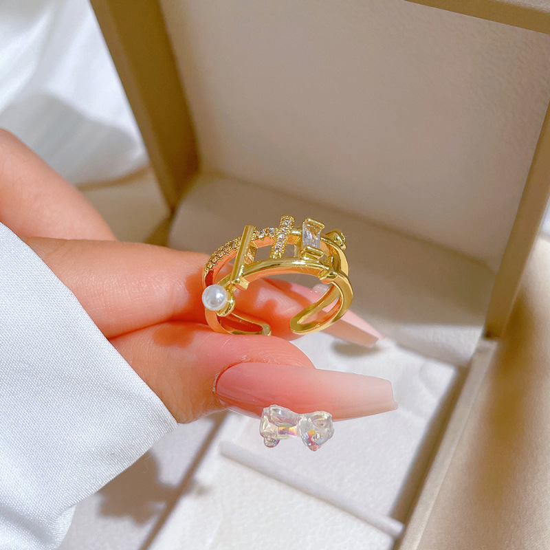 Open Pearl Geometric Fashion Slightly Inlaid Light Luxury Ring Index Finger Ring Internet Celebrities With The Same Cold Wind_voghion.com