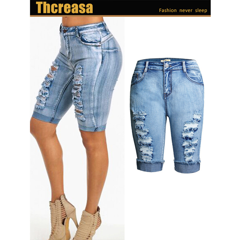 European and American Amazon Stretch Washed Framed Women's Denim Cropped Pants High Waist Ripped Jeans Women