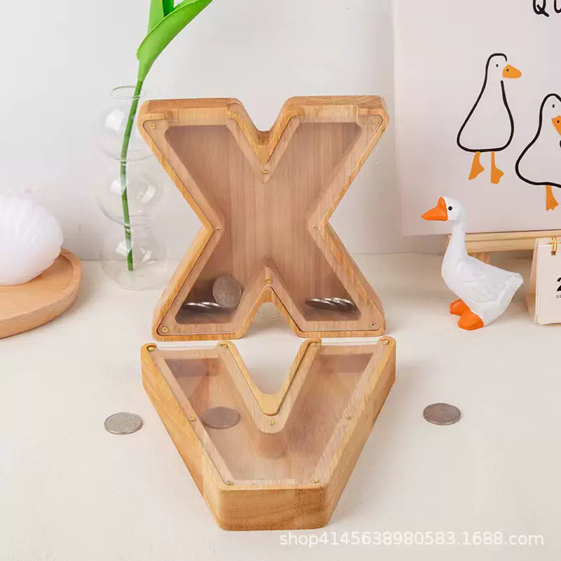 原木色字母存钱罐儿童木质储蓄罐亚克力英文字母木质工艺品存钱罐