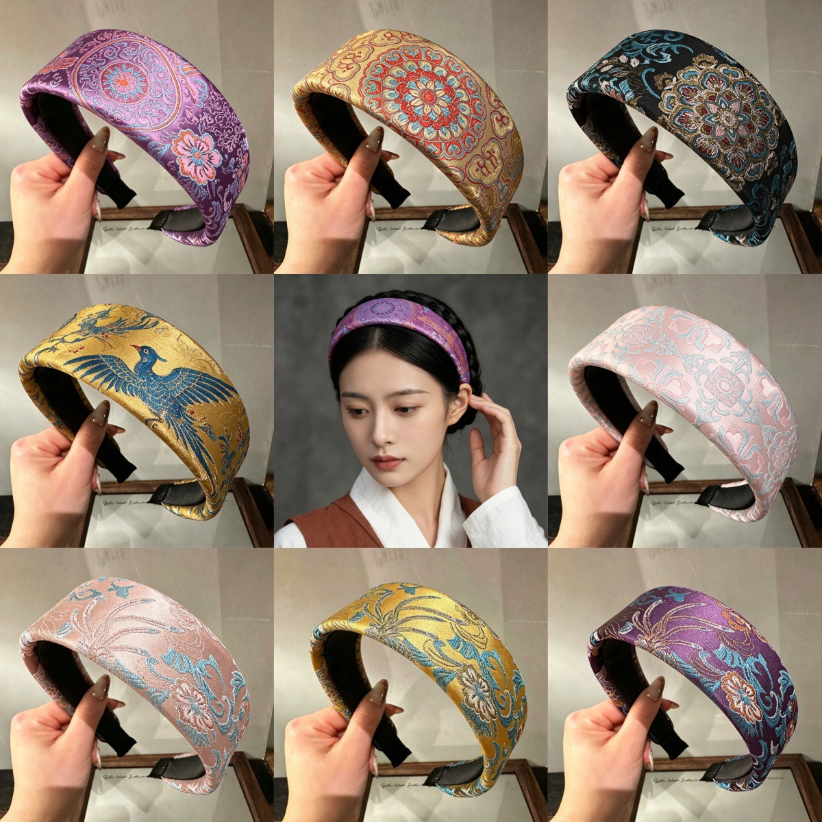 New Chinese-style jacquard wide-brimmed headband, embroidered vintage Chinese-style high-crown headpiece for women, made of Song brocade fabric