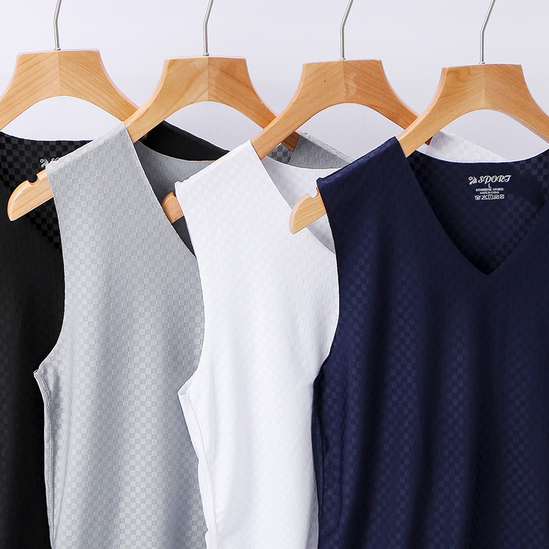 2025 Ice Silk Customized Vest Men's Wide Shoulder V-Neck Slim Fit Sports High Elasticity Summer Mesh Checkered Men's Vest