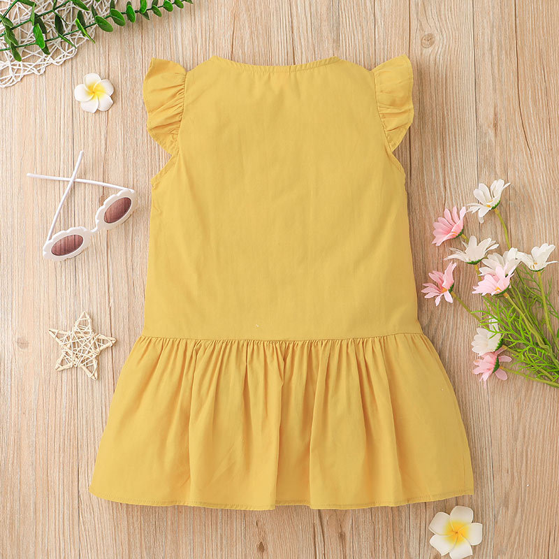 Girls Summer Flying Sleeve Dress Casual Baby Yellow Splicing Dresspicture2