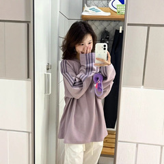 高街美式紫色条杠圆领卫衣女春秋款宽松设计感小众华夫格上衣学生