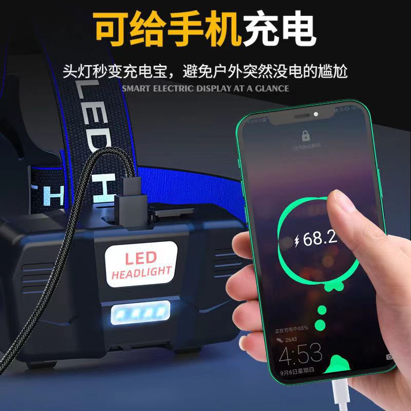 Fuerte luz faro inducción carga impermeable Super brillante tiro largo LED linterna montada en la cabeza pesca nocturna pesca lámpara de minero