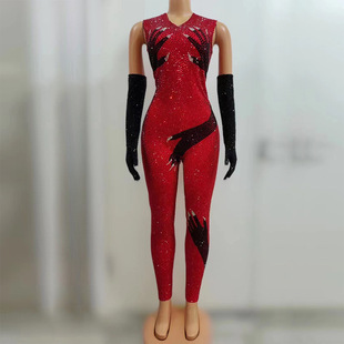 Ready-made Performance Clothing Rhinestone Sequined Jumpsuit Elastic Hip-covering Jumpsuit Stage Performance Clothing Velvet Pants