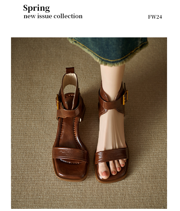 Sandal nữ cao cổ mũi vuông da thật khóa thắt lưng gót thô 9 cm — Màu nâu, Màu đen chi tiết 10