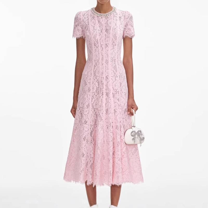 2026 Summer New Style Pink Diamond-Embellished Pearl Round-Neck Short-Sleeved Light Luxury Lace Dress 2005