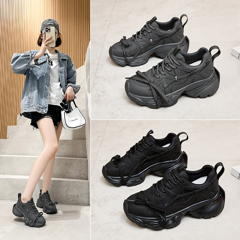2025 Spring New White Shoes for Female Students, Sports Shoes, Internet Celebrity Casual Women's Shoes, Versatile Thick-Soled Inner Leather Moral Training Shoes