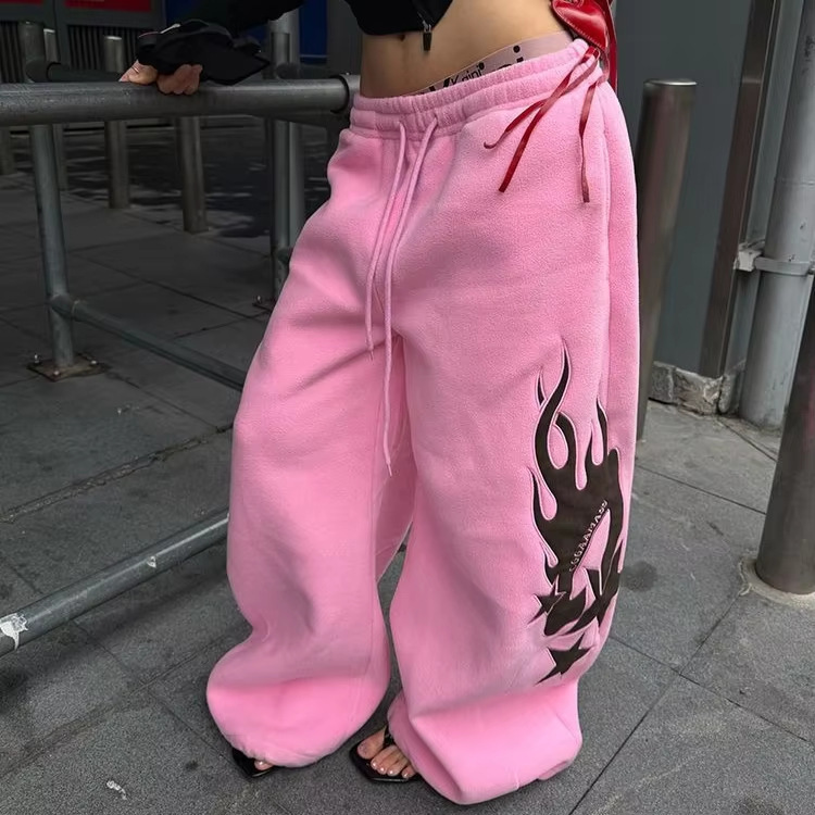 Y2K Women Casual Fashion Street Style Jogging Elastic Waist Straight-Leg Loose Side Embroidery Long Pants Women's Clothing