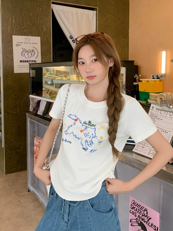 韓国のかわいい猫の刺繍デザイン半袖Tシャツ女性用2025夏の新しいルーズスリムレイジートップ|undefined