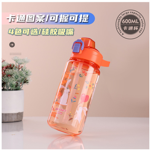EcoCool Trendy Cartoon Water Bottle, Portable Outdoor Design, Large Capacity — Perfect for Students and Kids, Includes a 600mL Straw-Enabled Plastic Flask