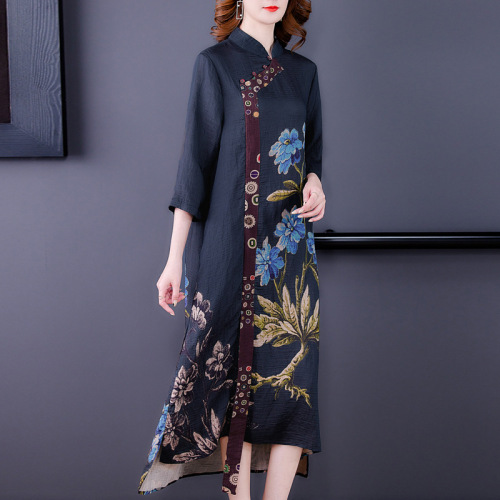 Improved black floral qipao dress Chineses Dresses Retro Qipao For women girls  printing temperament elegant loose irregular wind hanfu tang suit