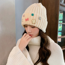 韩版甜美纽扣帽子女可爱笑脸时尚针织帽秋冬季保暖防风百搭毛线帽