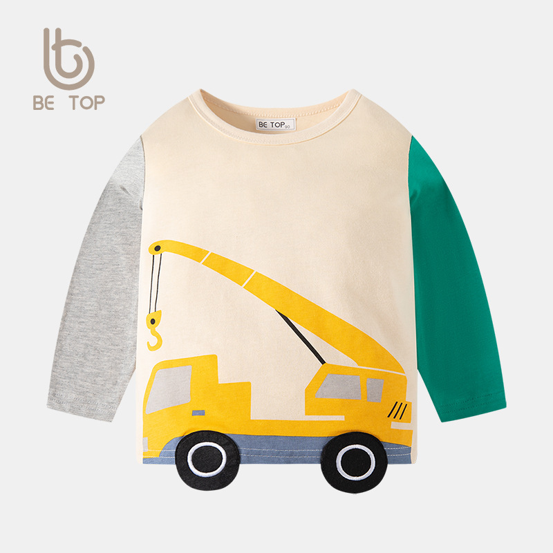 Muestras personalizadas de be top camiseta de manga larga para niños nuevos dibujos animados de otoño para niños y medianos con color para ropa infantil