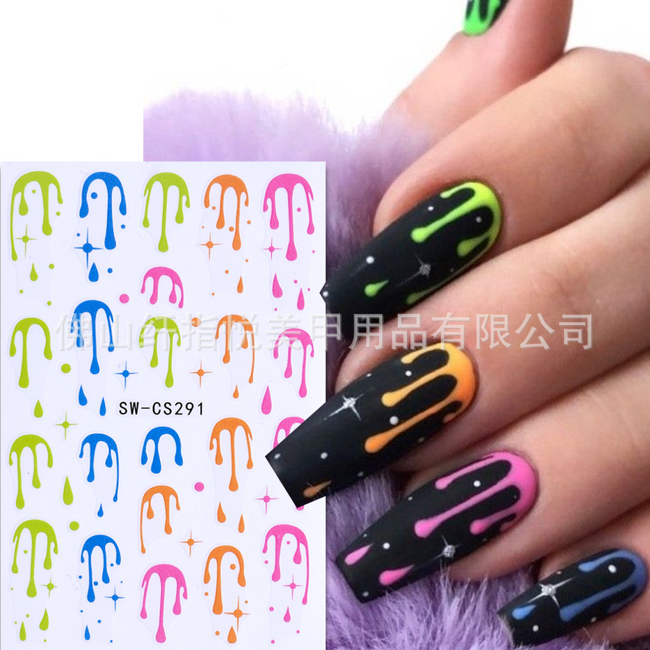 跨境万圣节美甲贴纸  ins彩色水滴滴血荧光图案背胶指甲贴花 nail