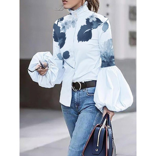 O 39755 Floral printed stand-collar shirt ����ӡ�����I�r����