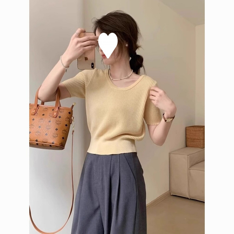 女性のための黄色の右肩半袖 T シャツ 2025 夏の新しいハイエンド多用途スリムフィットショートニットトップ|undefined