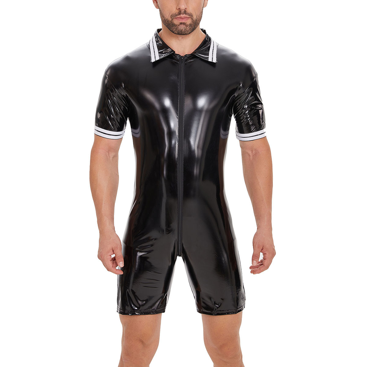 Cherry Temptation Plus Size Men's PVC Glossy Leather Jumpsuit, Sexy Zipper Open Crotch Leather Jumpsuit for KTV