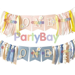 WILD ONE Daisies Theme Children's Dining Chair Party Instagram Style Banner Paper Pull-up Flag Birthday Scene Decoration